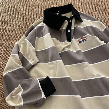 Riolio Japan Retro Striped Long-sleeved  Shirt Top Men Women Loose Trend Couple BF Lapel Sweatshirt Preppy Hip Hop Cool Shirts